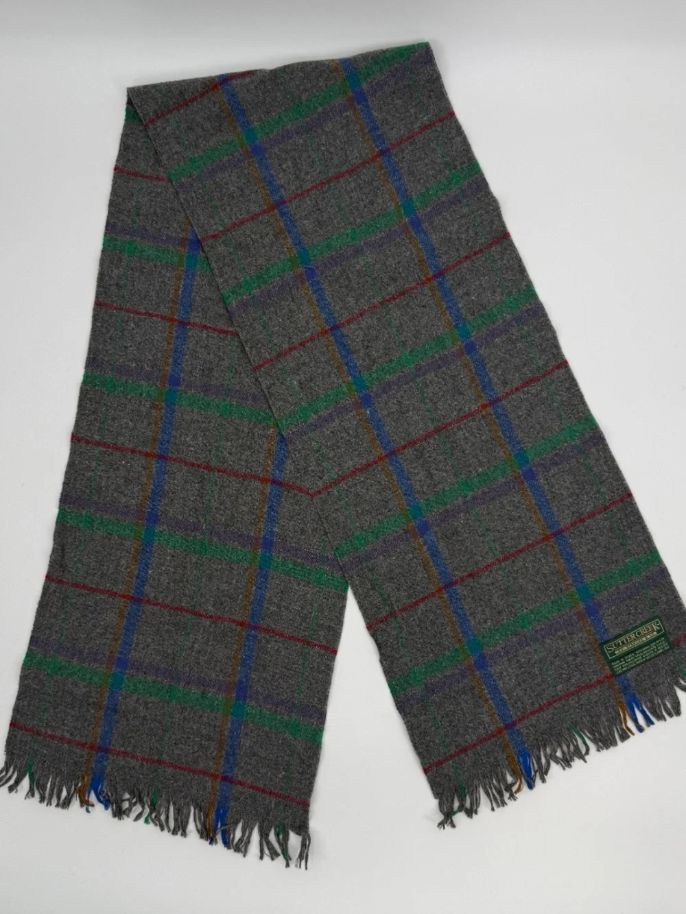 Vintage 90s Levi Strauss Sutter Creek Wool Blend Gray Plaid Fringe Winter Scarf